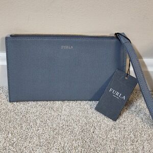 FURLA Italia XL light Moonstone Leather Slim Clutch Wristlet Handbag 8x4.5 NWT